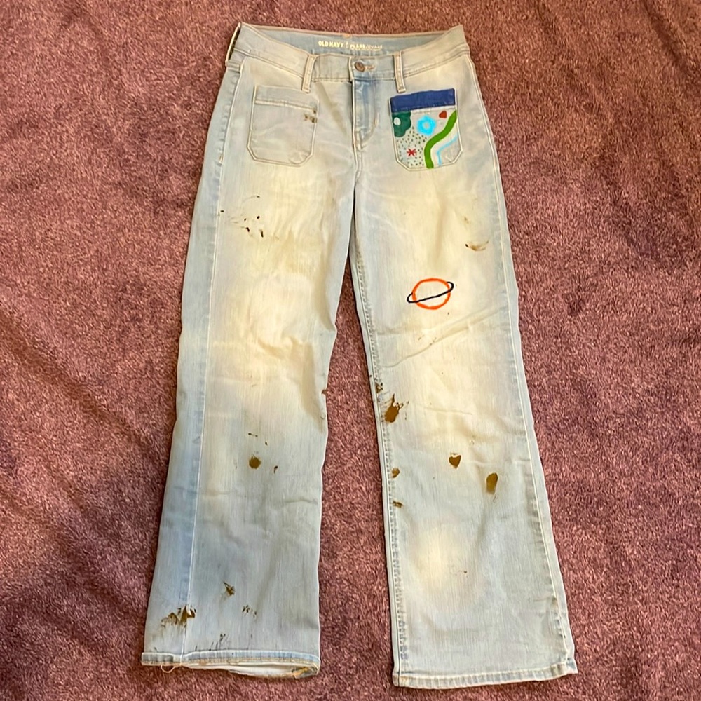 Old Navy flare mid rise, jeans hand painted designs and brown paint stains